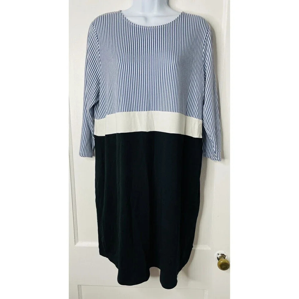 J JILL Dress Large Stretch Breathable Color Block Blue Black 3/4 Sleeve Travel